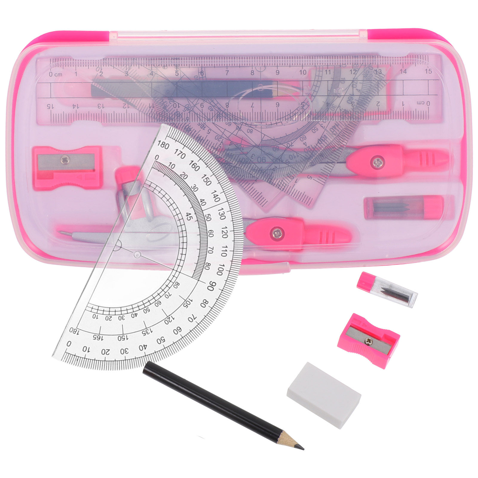 Math Geometry Set With Compass - 1 ชุดอุปกรณ์วัดมุมและเรขาคณิต ประกอบด้วย ไม้โปรแทรกเตอร์ ไม้บรรทัดสามเหลี่ยม ไม้บรรทัดตรง